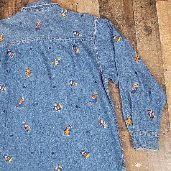 Disney Store Vintage Y2k Denim Mickey and Friends Shirt Womens Large Embroidered - Picture 11 of 14